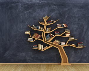 Concept of science. Bookshelf full of books in form of tree on a whiteboard.